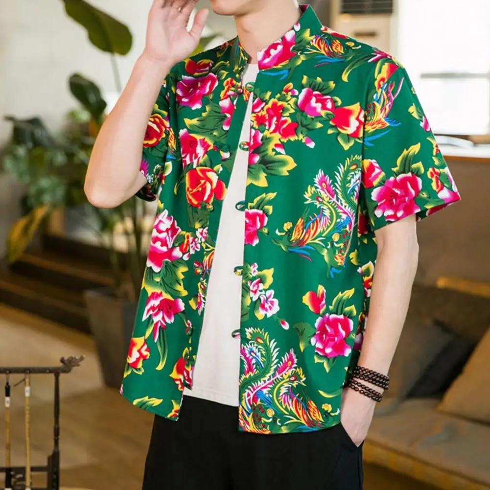 

Short Sleeve Slim Fit Shirt Vintage Chinese Style Men's Summer Shirt with Stand Collar Northeastern Flower Pattern Short Sleeve