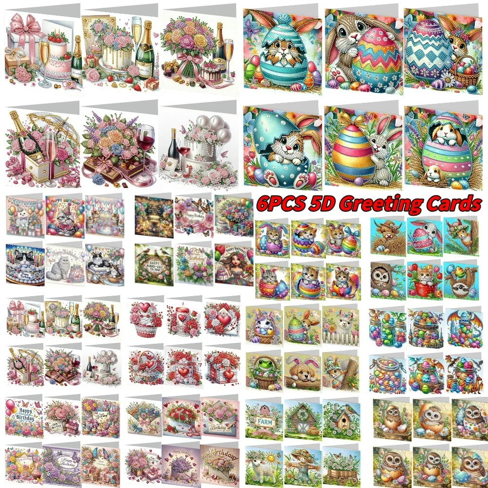 6Pcs Birthday Wishes Rhinestone Painting Card Kit Diamond Drawing Card Diamond Painting Greeting Card for Family Friends Gift