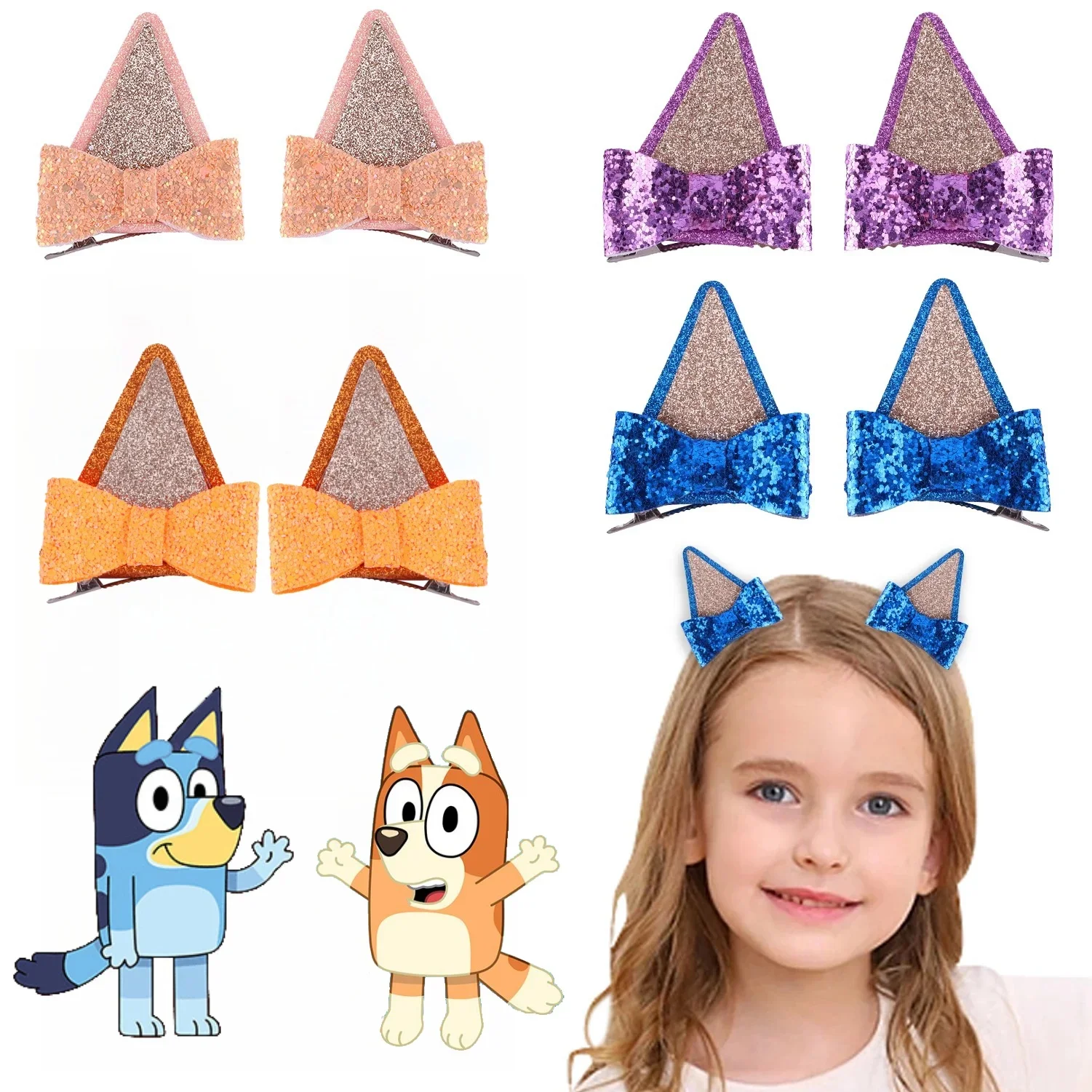 2 Stuks Blueyes Oren Haar Strik Clips Bingo Peuter Kids Schattige Glitter Haarspelden Kostuum Accessoires Meisjes Strikjes Haarspeld