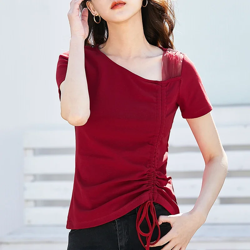 Summer New Mesh Panel Drawcord Pleated Top Short Sleeve Irregular Neck Fashion Slim Fit T-shirt