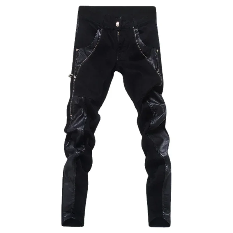 الخريف والشتاء الرجال الكورية السراويل الجلدية عادية سليم بنطال ملاصق للجسم سستة تصميم الربط السراويل الجلدية #5
