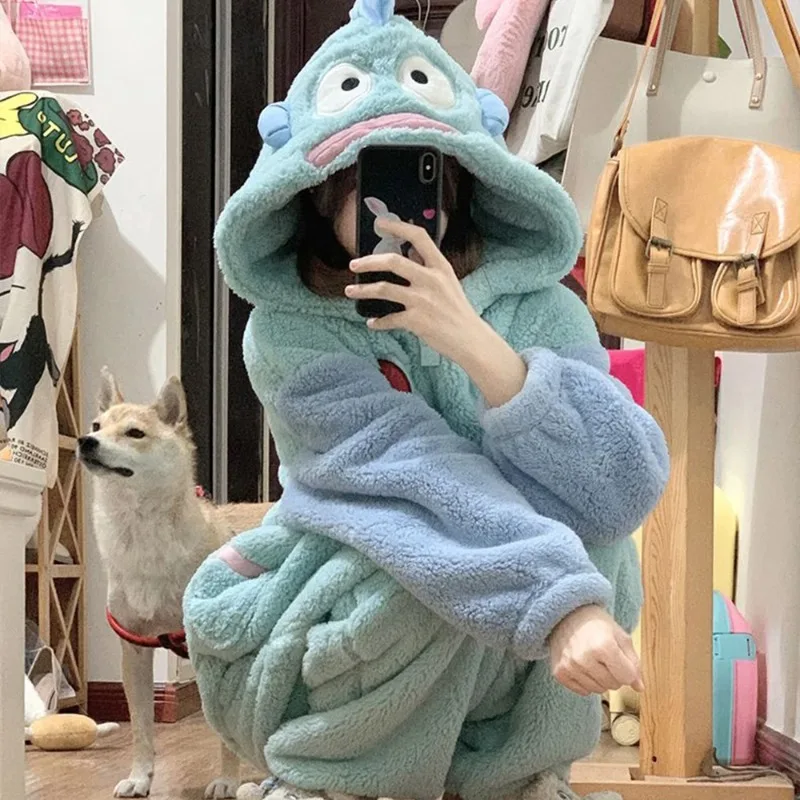 Cartoon Hangyodon Plush Siamese Pajamas Hooded Jumpsuit Pajamas Sanrio Anime Kawaii Coral Velvet Homewear Thickened Nightgown