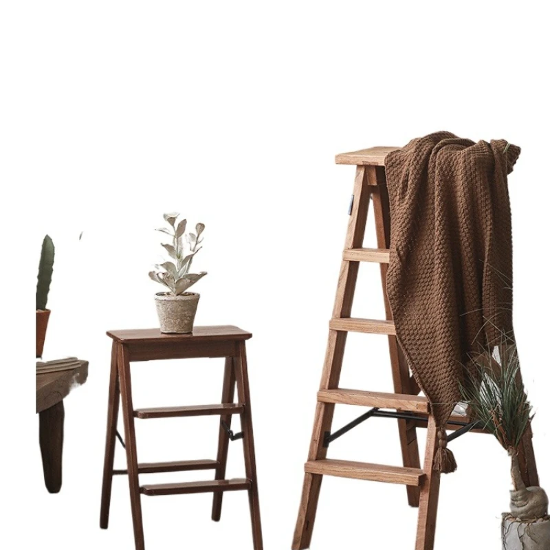 

Folding ladder creative flower stand, old elm solid wood ladder shelf, retro old balcony landscaping living room flower table