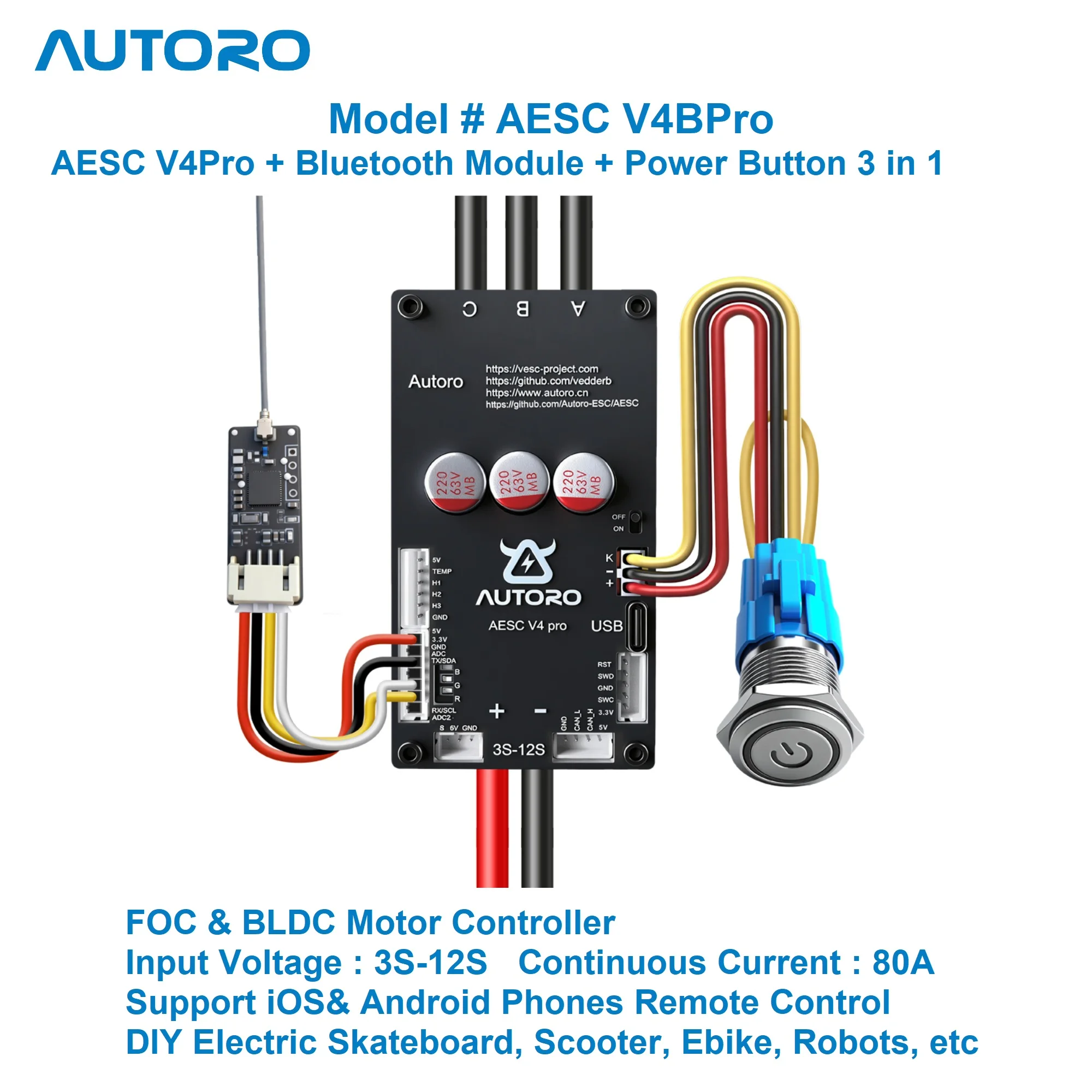 

Autoro ESC V4BPRO w/ Bluetooth Module BLDC FOC Motor Controller 12S 80A Sparkless VESC V4 for DIY Electric Skateboard Scooter