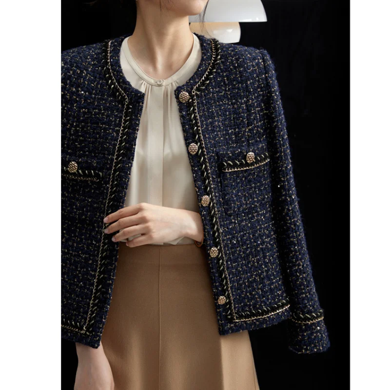 Small Fragrant Navy Blue Gold Silk Elegant Office Coat Women Spring  Autumn New Fashion Casual Long-sleeved Cardigan Tweed Coat