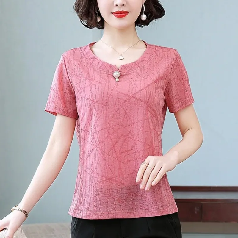 Women\'s Clothing Solid Color Summer Short Sleeve Pullover Pearl Round Neck Chiffon Casual T-shirt Office Lady Comfortable Tops