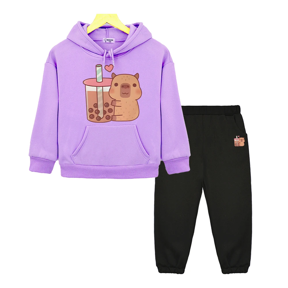 

Capybara holding tea anime hoodie Fleece sweatshirt boy girls Sports Hooded Sets pullover+Pant jacket kids boutique clothes 2pcs