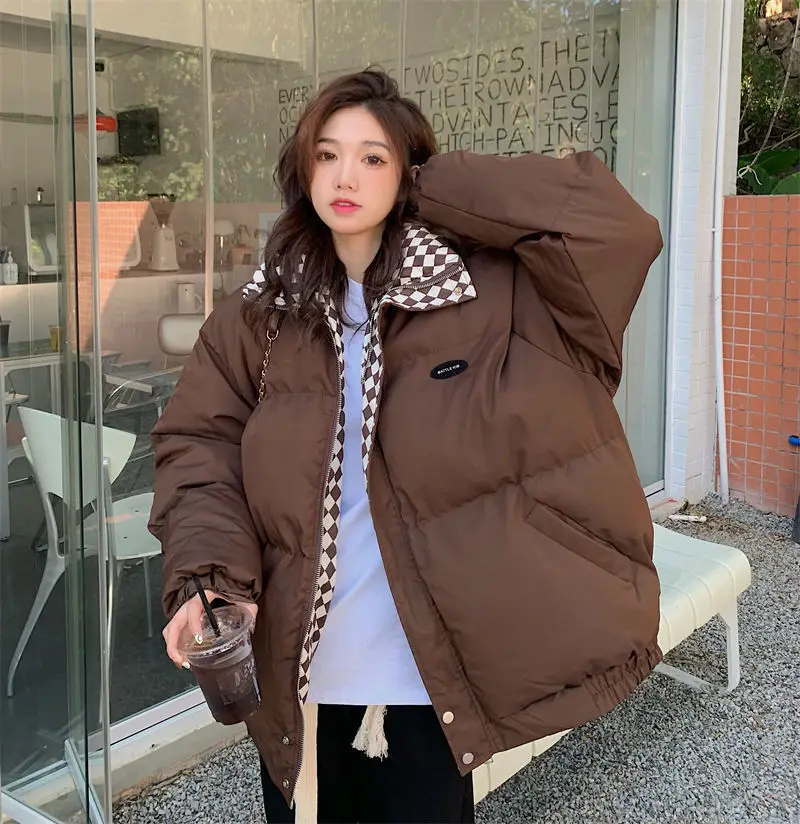 2023 Winter New Checkerboard Down Cotton Coat Women\'s Loose Standing Neck Short Cotton Coat Cotton Coat Thickened Bread Coat