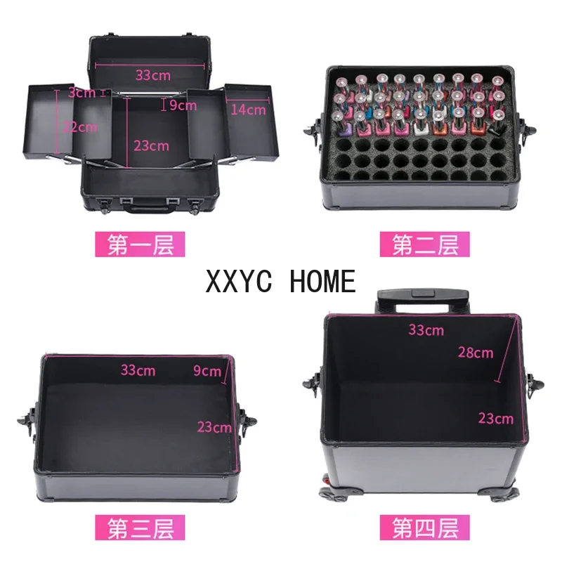 Professional 2/3/4 layers trolley makeup suitcase portable cosmetic trolley luggage box nail tattoo embroidery beauty toolbox