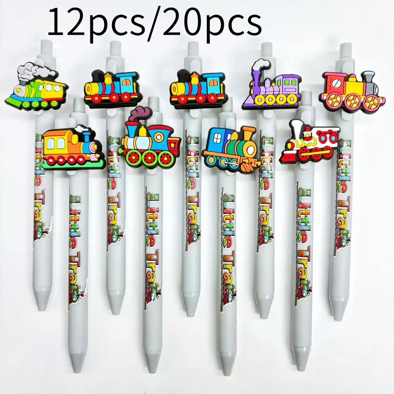 

12pcs/20pcs Creative Steam Train Theme Ballpoint Pen Light Grey Pen Holder Ballpoint Pen Student Writing Ballpoint Pen