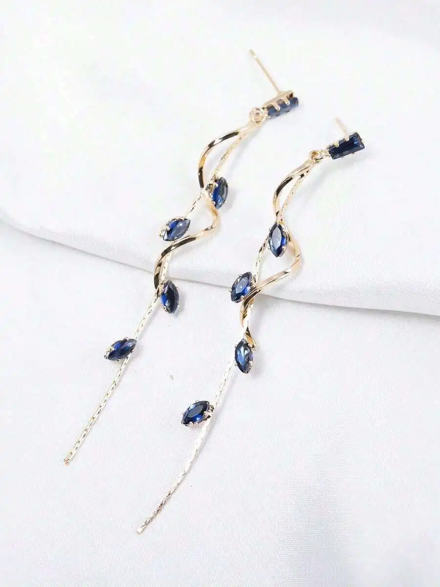 Elegant Blue Zirconia Drop Earrings With Twisted Chain Design For Women