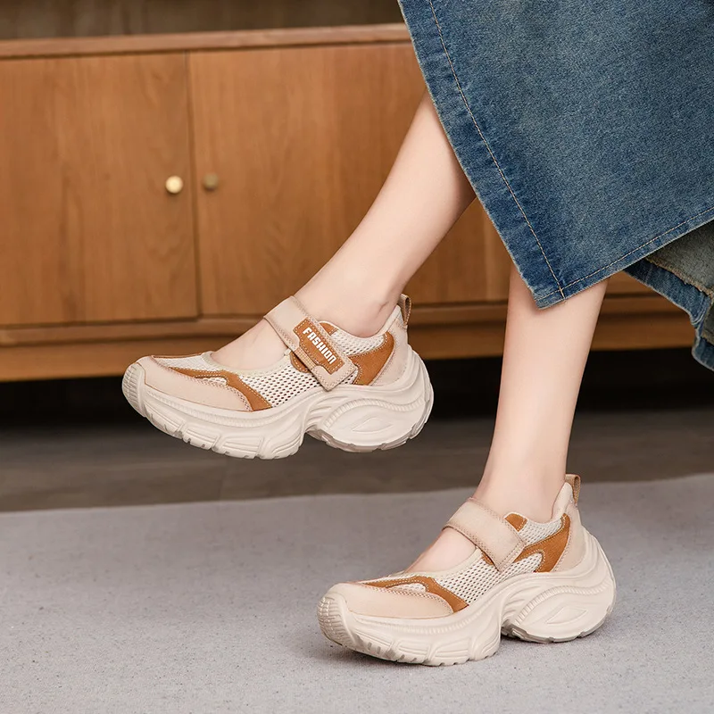 

Новые летние женские кроссовки в стиле ретро из кожи и сетки на платформе, дышащие, повседневные, модные