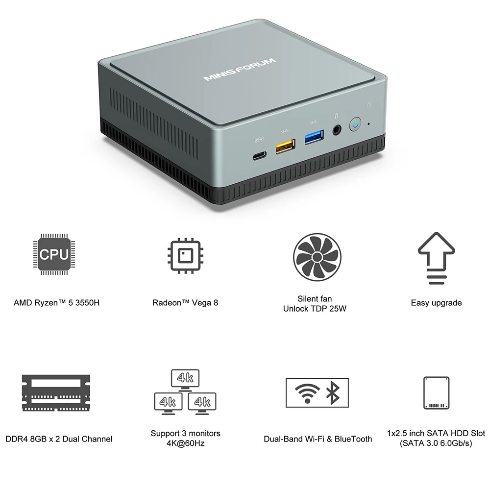 Original Minisforum Mini PC Gamer UM350 AMD Ryzen 5 3550H 4 Core DDR4 16GB 512GB SSD Windows 11 4K DP HD Mini Desktop Computer