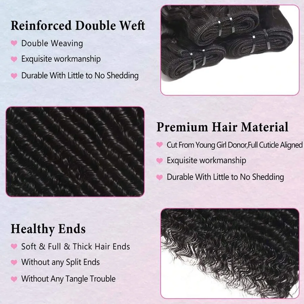 Tief gewelltes Echthaar, brasilianisches Echthaar, gewellt, lockig, 100 % unverarbeitetes Echthaar, Wasserwellen-Echthaarverlängerungen