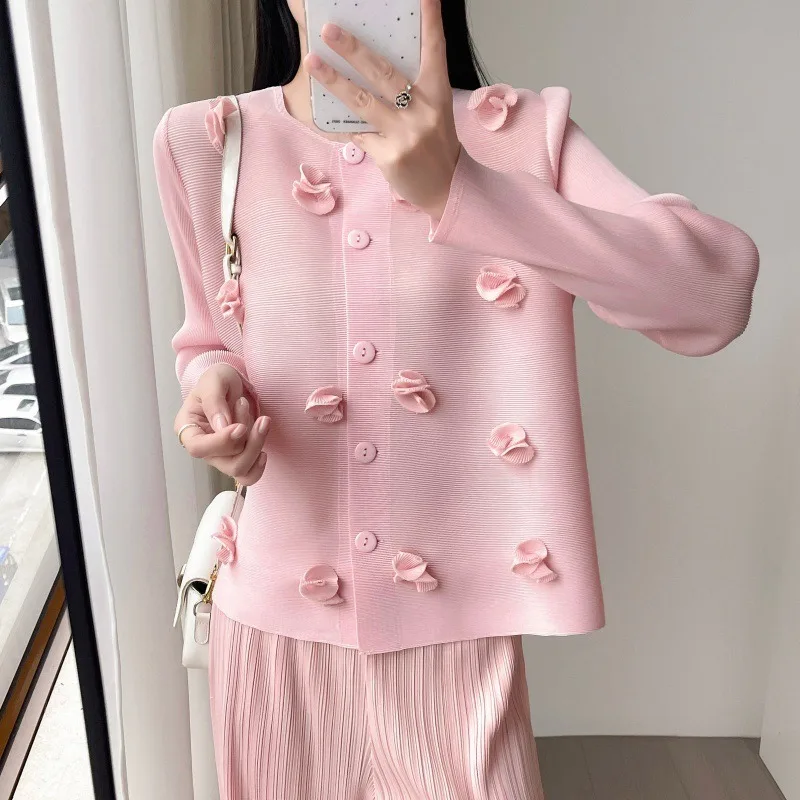 Miyake Pleated Cardigan 2026 New 3D Flower Long Sleeve T-shirt Thin Sunscreen Single-breasted Jacket Women Stretch Top Clothing