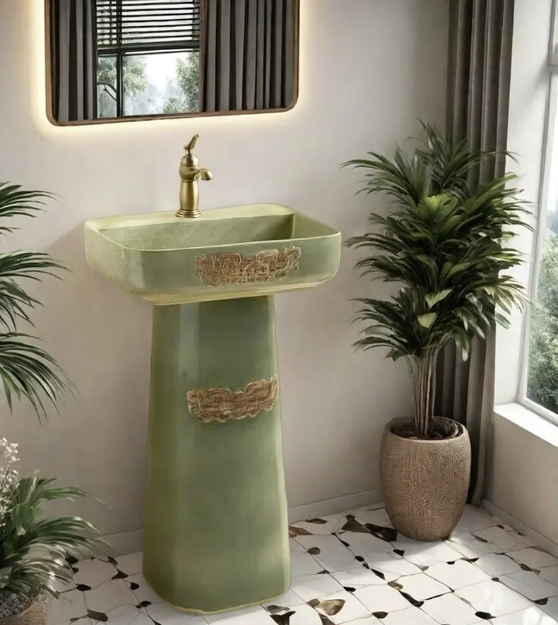 

Chinese style retro floor standing ceramic washbasin,light green rectangular column basin,for bathrooms, outdoor gardens GN642KD