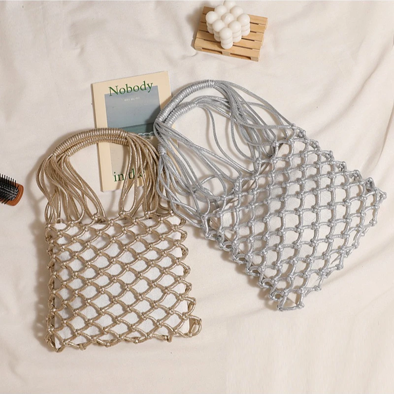 New Arrival Mesh Woven Handbag Hollow Out Tote Bag Women Fashion Beach Bag for Vacation