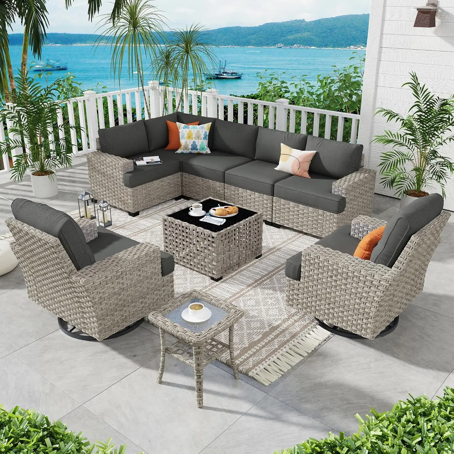 ovios 9 Piece Patio Sectional Furniture with Swivel Rocking Chairs, Rattan Wicker Coversation Set with Glowing Coffee Table, Out