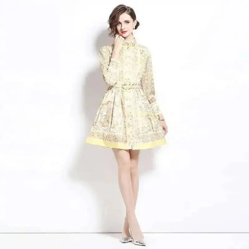 Runway 2025 Spring Golden White Porcelain Flower Short Dress Shirt Women\'s Summer Long Full Sleeve Print Party Vestidos
