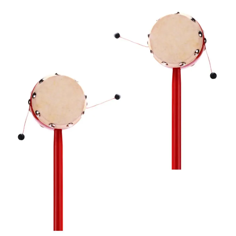 2 Pcs Rattle Drum Toys Instruments Kids Musical Double Sided Red Wooden Baby Tambourine