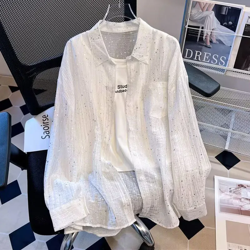 

Women Luxury Sequin Shiny Chiffon Shirts Summer New Sweet Loose Sun Protection Shirt Tops Korean Long Sleeve Button-up Blouses