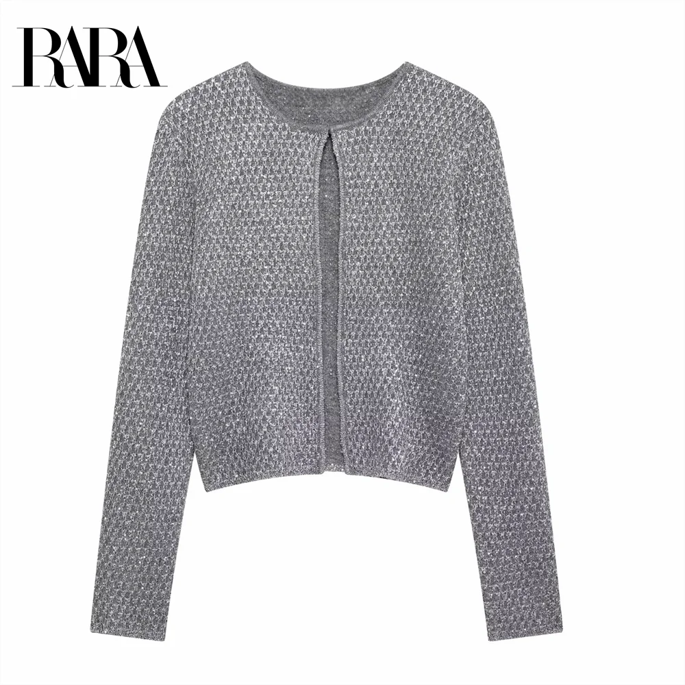 2024 RARA Winter New Product Women's Simple Solid Color Metal Thread Glitter Detail Knitted Cardigan Coat