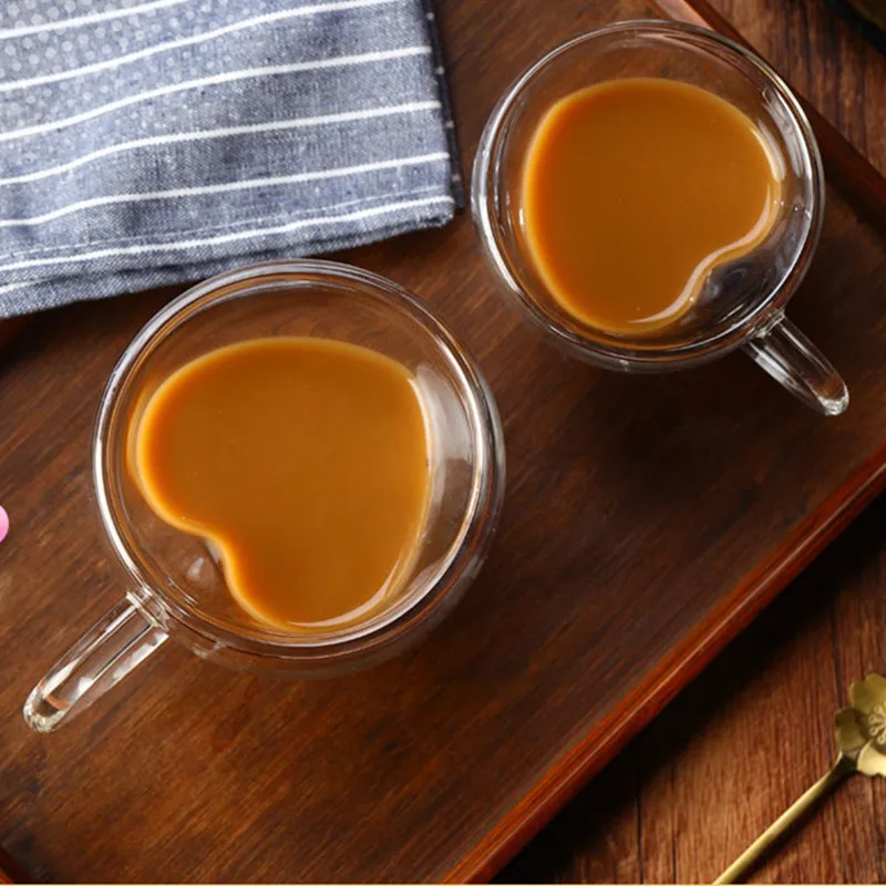 二重壁ハート型ガラスカップ,耐熱性,コーヒー,ミルク,コーヒー,ティーマグ,レモンジュース用
