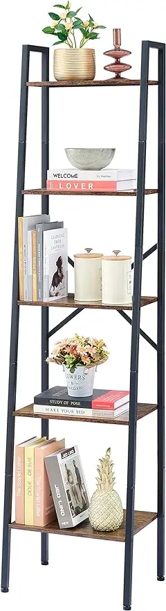 Industrial Ladder Bookshelf, Multifunctional Ladder Shelf, 5-Tier Tall Bookshelf, Open Ladder Shelf Bookcase, for Livin