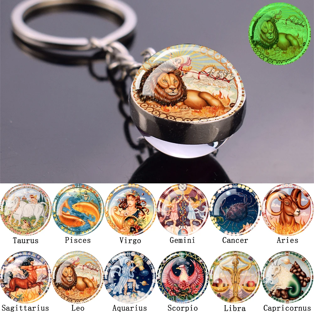 Luminous 12 Constellation Keychain Glass Ball Pendant Cartoon Cute Zodiac Key Chain Glow In The Dark Men Women Birthday Gift