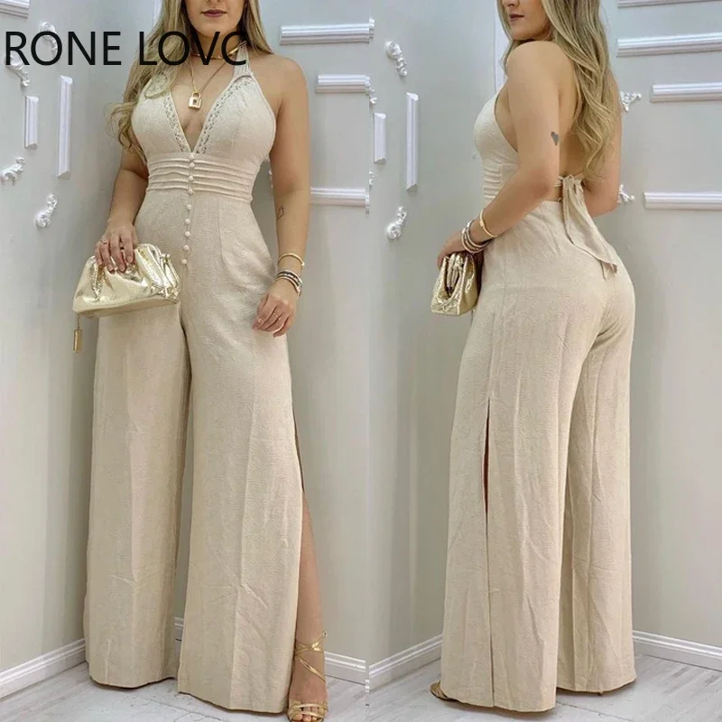 Women Jumpsuits Lace Trim Buttoned Backless Slit Jumpsuit V Neck Jumpsuit