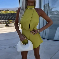 Elegant Solid Color Half Turtleneck Short Jumpsuit Women Sleeveless High Waist Hollow Romper Sexy Backless Temperament Playsuits