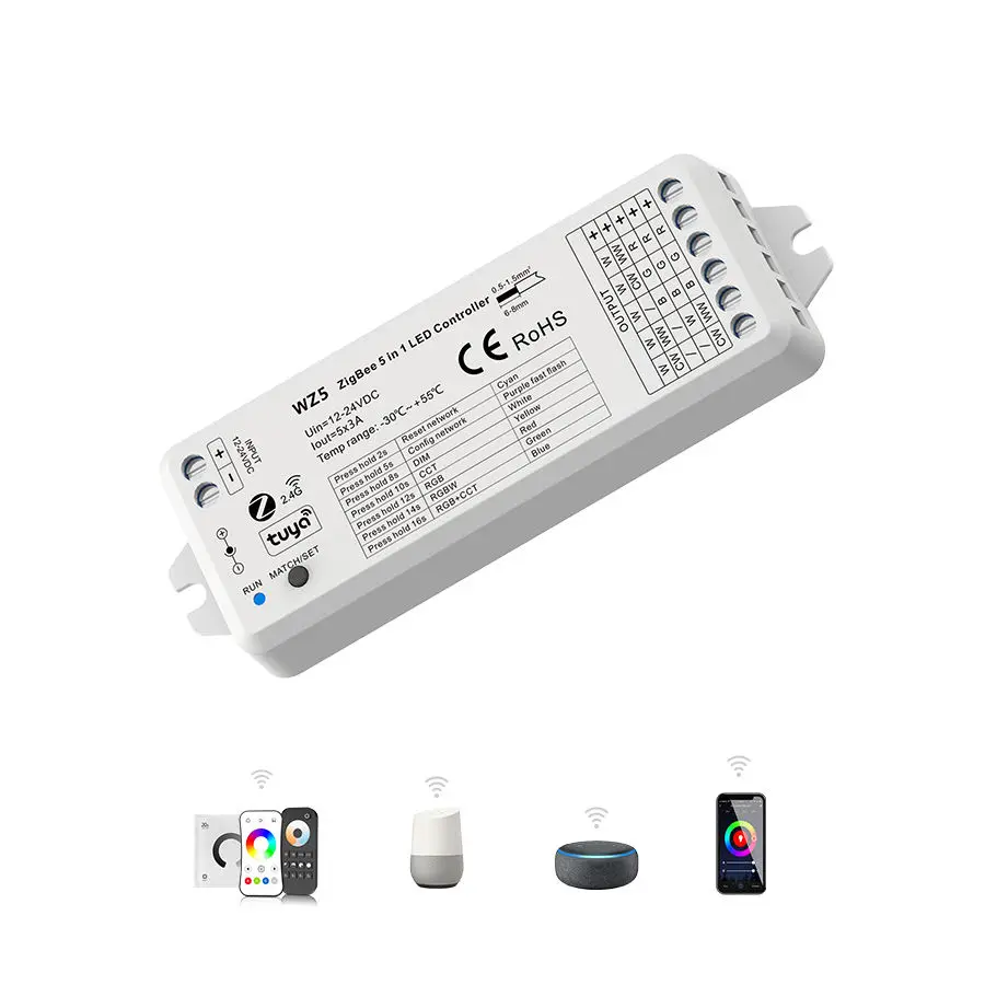 TUYA Zigbee WZ5 Smart Led Controller 2.4G RF Remote  DC12V 24V DIM RGB CCT RGBW RGBWW RGBCW Strip Google Plus Voice Control