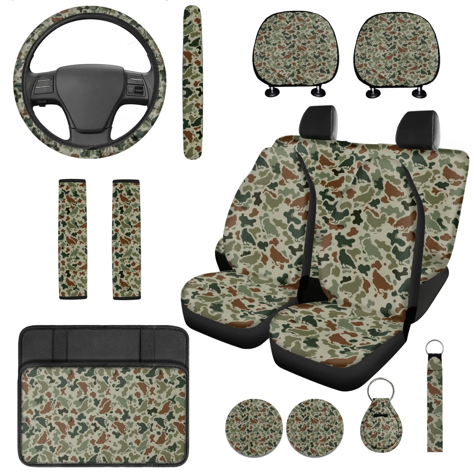 Coloranimal Forest Camouflage 14 Pcs Car Seat Covers Sets with Full Set Steering Wheel Cover and Auto Cup Pad for Cars