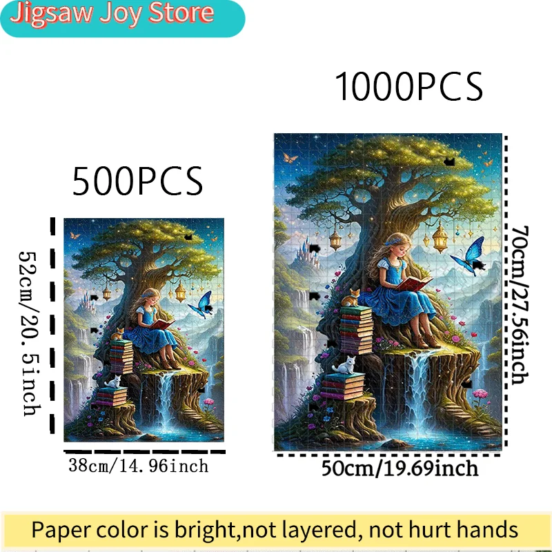 Puzzle de château de conte de fées magique de 500/1000 pièces avec fille, arbre, chat, château et cascade - Couleurs vibrantes, défi stimulant