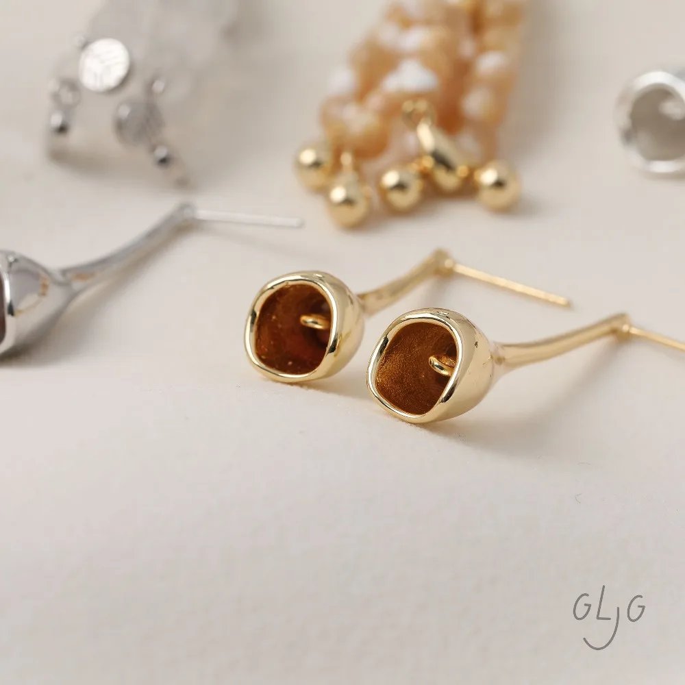 2PCS Dainty Horn Flower Ear Studs Earrings for Jewelry Findings Making DIY Hand Made Brass 14k Gold Plated 35*10mm Accessories view 2