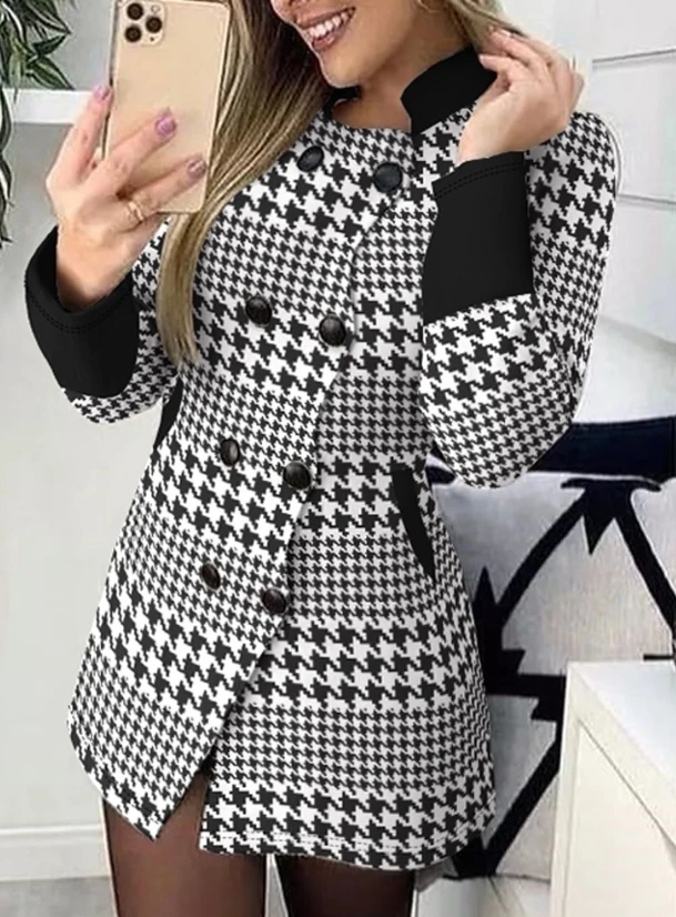 Women\'s Contrast Paneled Houndstooth Print Pocket Design Coat Autumn Fashion Double Breasted Stand Collar Long Sleeve Long Coat