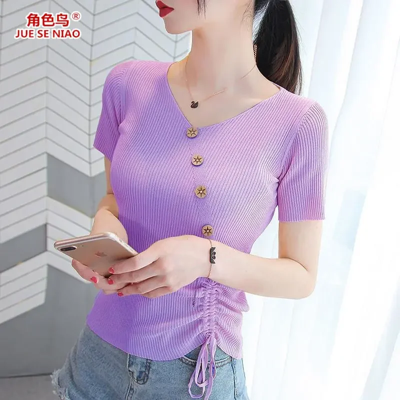 Blouse Women V-neck Shirts Women's Button Slim Fit Pullover Knitted Women's Top Blusas Ropa De Mujer