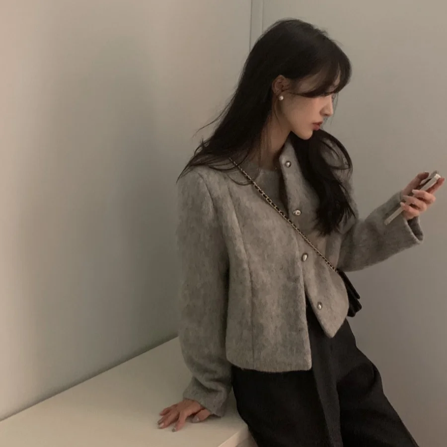 한국 세련된 솔리드 울 숏 코트 여성 프렌치 우아한 싱글 브레스트 슬림 재킷 패션 심플 디자인 캐주얼 의류 스트리트웨어