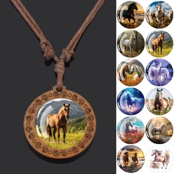 Horse Necklaces White Brown Horse Galloping Glass Dome Vintage Wooden Pendant Rope Chains Necklace Women Men Goth Jewelry Gift