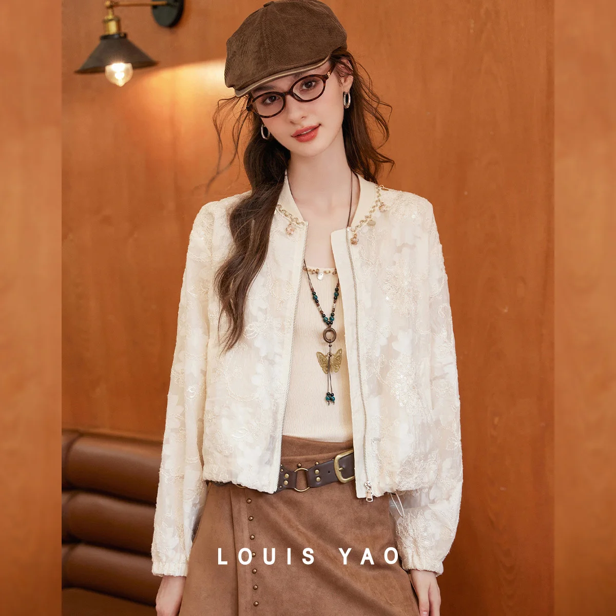 

LOUIS YAO Exquisite Embroidered Zipper Coat 2025 Autumn Gentle and Romantic Color Contrasting Ribbon Splicing Women's Cardigan