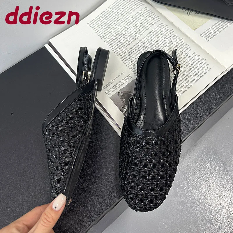 

Big Size 43 Fashion Weave Ladies Flats Shoes Round Toe Footwear Slingback Shallow Women Flats With Shoes Female Sandals