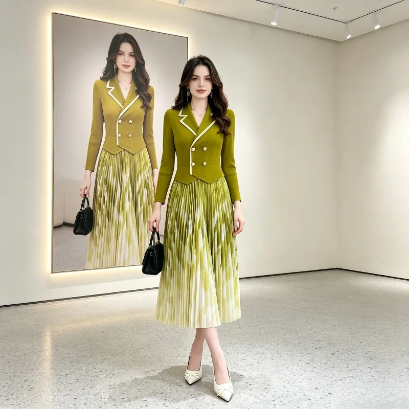 Miyake Pleated 2026 New Summer Plus Size Suit Collar Fake Two-Piece Fashion Pleated Dress Slimming Waist Casual Tie Dress Pleat