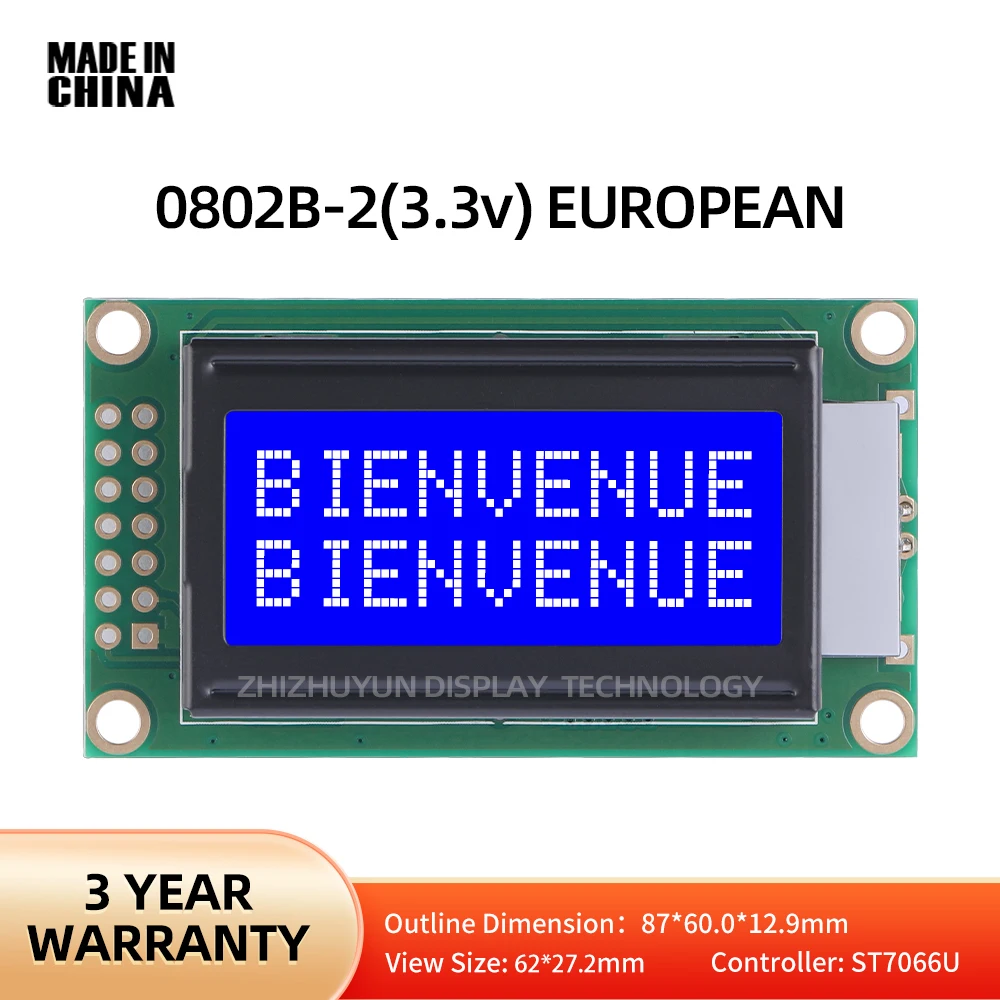 LCD0802B-2 3,3 V europejski wyświetlacz LCD niebieska folia napięcie 3,3 V ekran wyświetlacza LCD o wysokiej jasności