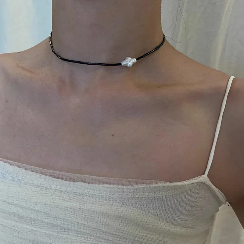 Natuurlijke Zwarte Agaat Ronde Buis Kralen Ketting Voor Vrouwen Harten Diamanten Kruisen Zoet Water Barok Parel Choker Op De Hals