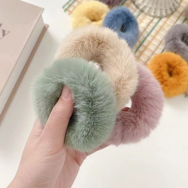 2Pcs Fuzzy Candy Colored Fluffy Warm Autumn Winter Elastic Hair Band Scrunchies Women Girls Plush Hair Rope Hairwear Wholesale