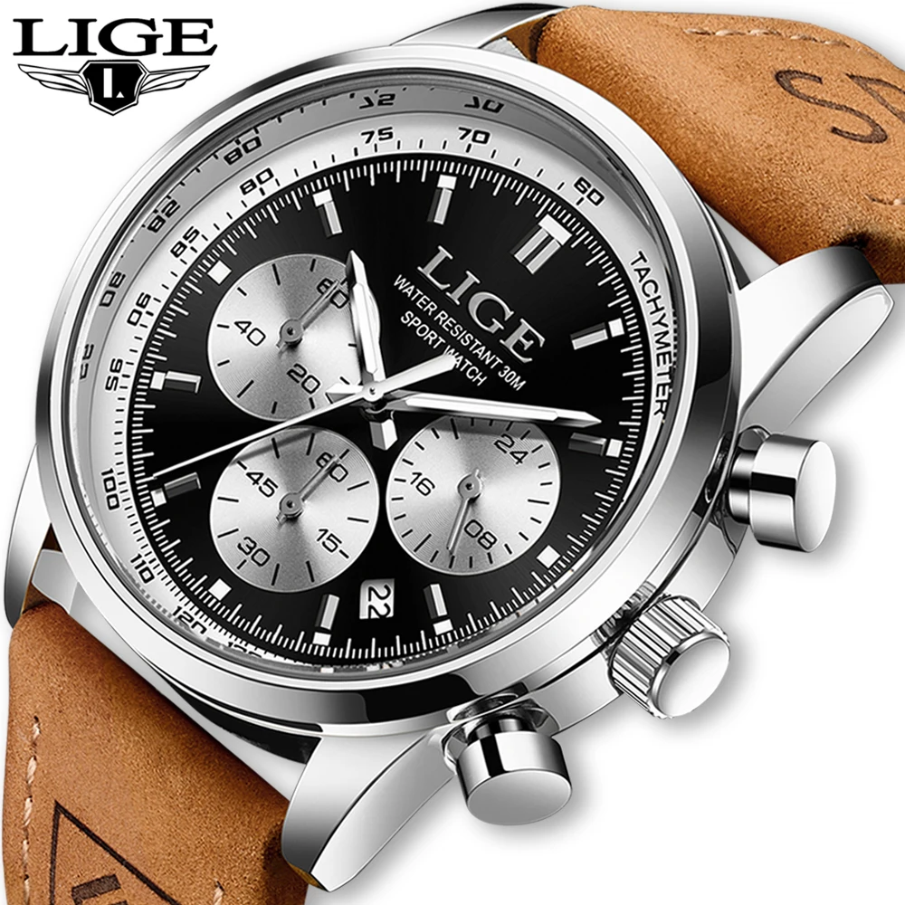 LIGE Men Watch High Quality Luxury Waterproof Chronograph Luminous Men\'s Wristwatch Leather Quartz Watches For Men Casual Clock