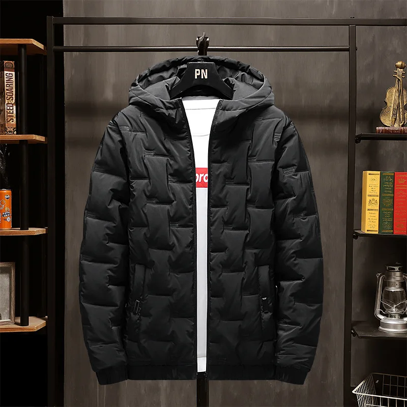 KIDWHXR 2026 Winter Man Parkas Coat Simple Solid Hooded Jacket Male Streetwear Long Sleeve Zipper Lightweight Men Outerwear