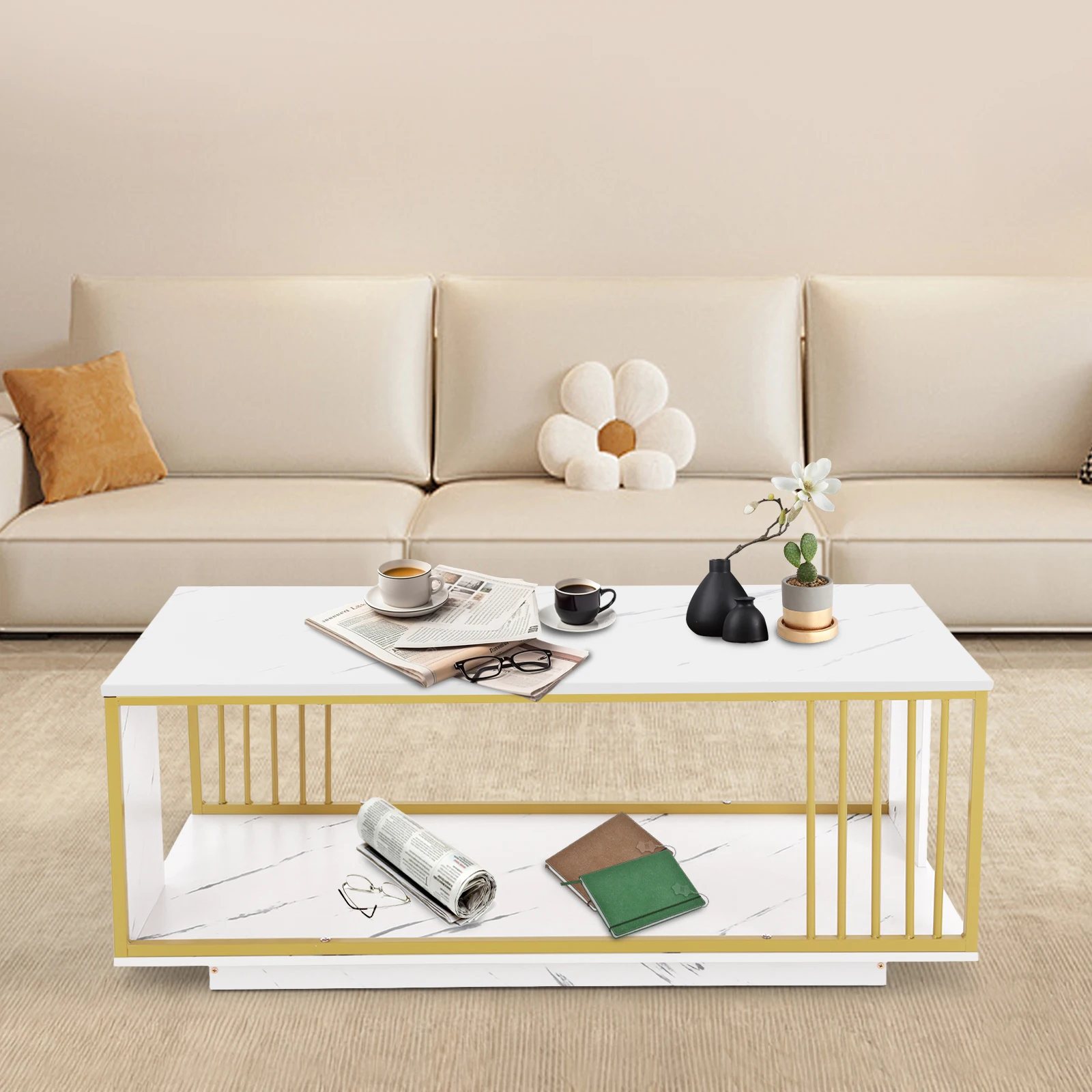 

Modern White Marble Veneer Coffee Table, 2 Tier Rectangular Coffee Table with Gold Frame Sofa End Table for Living Room Bedroom