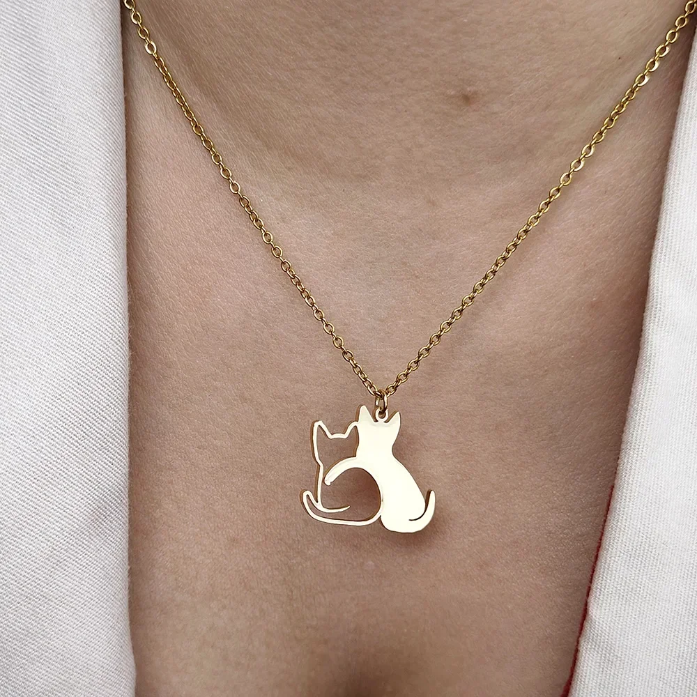 Double Cat Pattern Pendant Necklaces for Women Cute Couple Gold Choker Fine Animal Stainless Steel Jewelry Valentine's Day Gifts