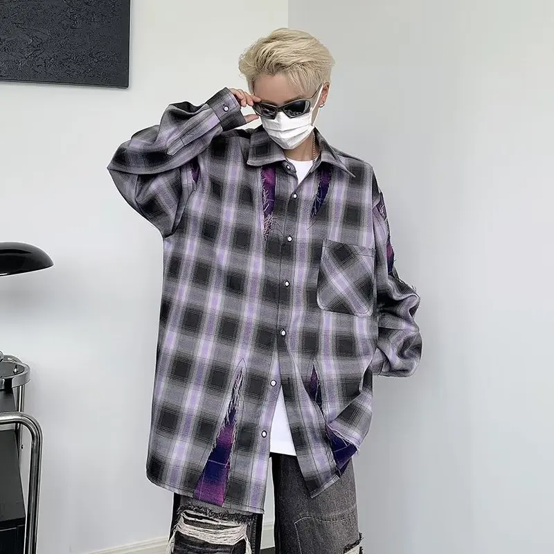 

Spring 2023 Fashion Long Sleeve Shirts Men's Korean Clothing Plaid Plus Size Male Loose Tops Buttoned Shirts and Blouses C141